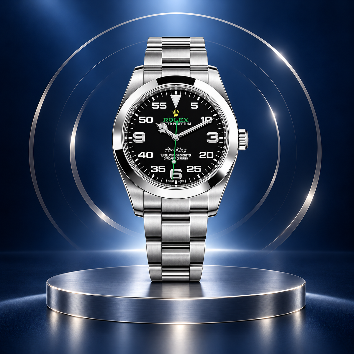 Replica Rolex Air-King con quadrante nero e bracciale Oyster, immagine della collezione