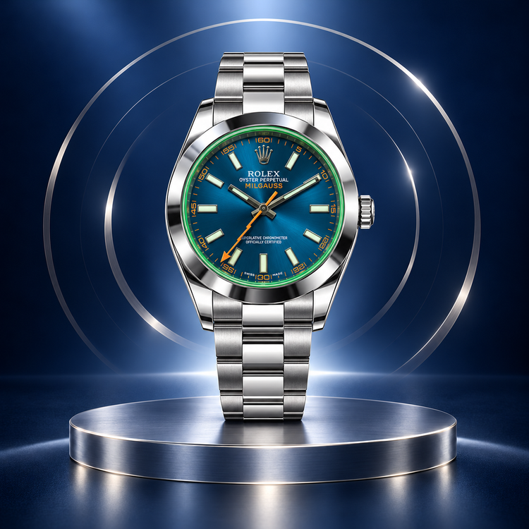 Replica Rolex Milgauss con quadrante blu e lancetta arancione