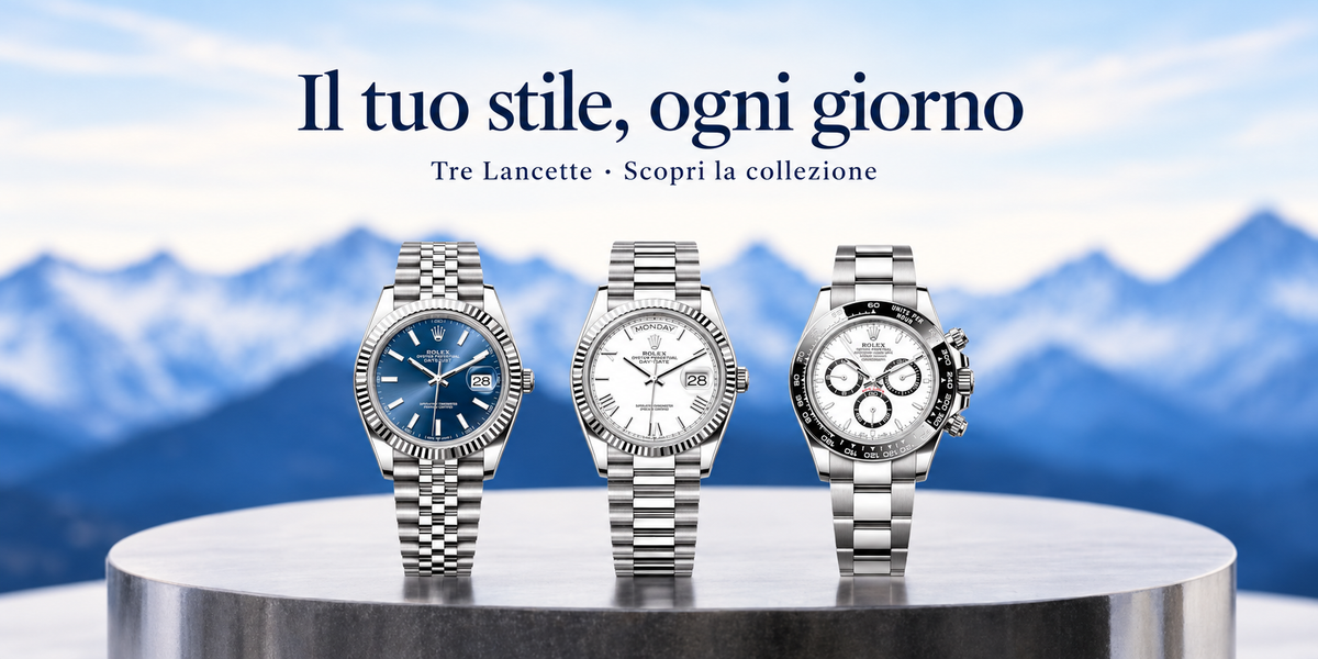 Tre repliche Rolex con bracciale in acciaio su un piedistallo, davanti a uno sfondo montano. Tre Lancette: Il tuo stile, ogni giorno.