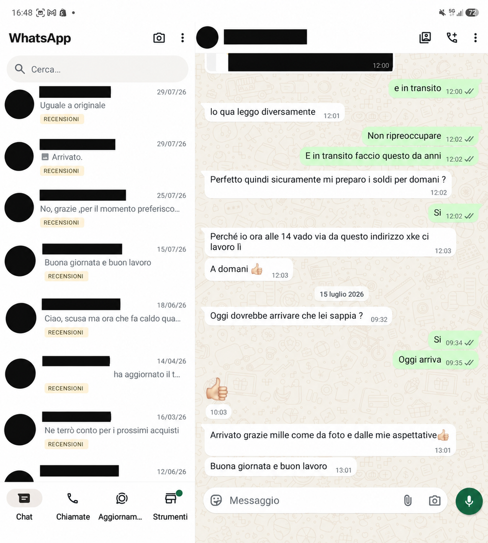 Recensione WhatsApp 2, con dati personali oscurati