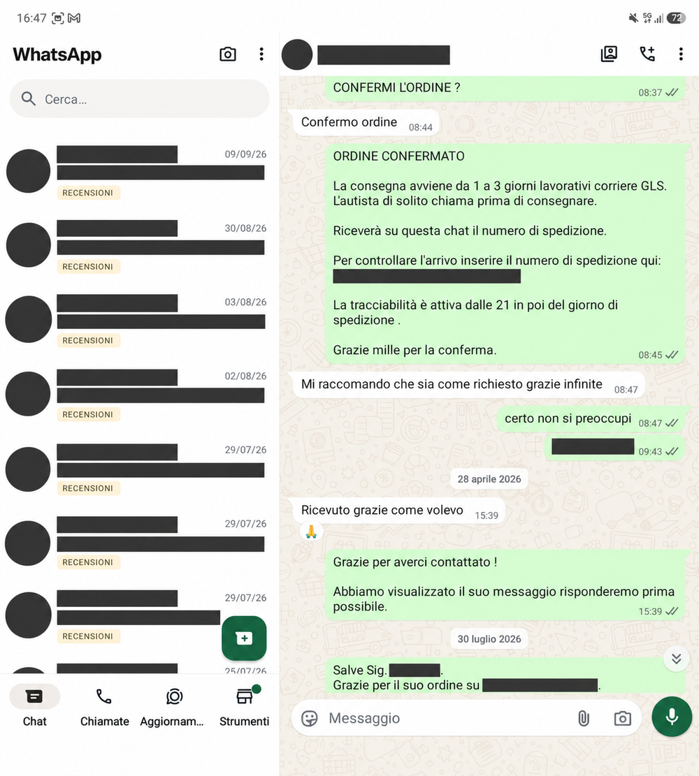 Recensione WhatsApp 9, con dati personali oscurati