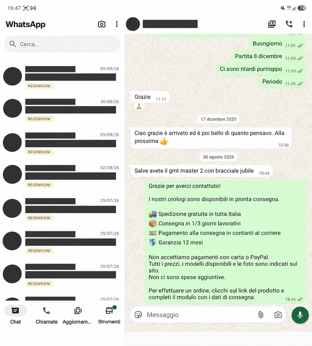 Recensione WhatsApp 11, con dati personali oscurati