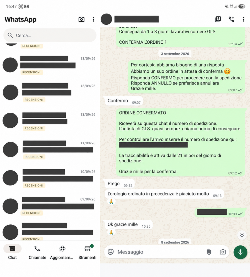 Recensione WhatsApp 12, con dati personali oscurati