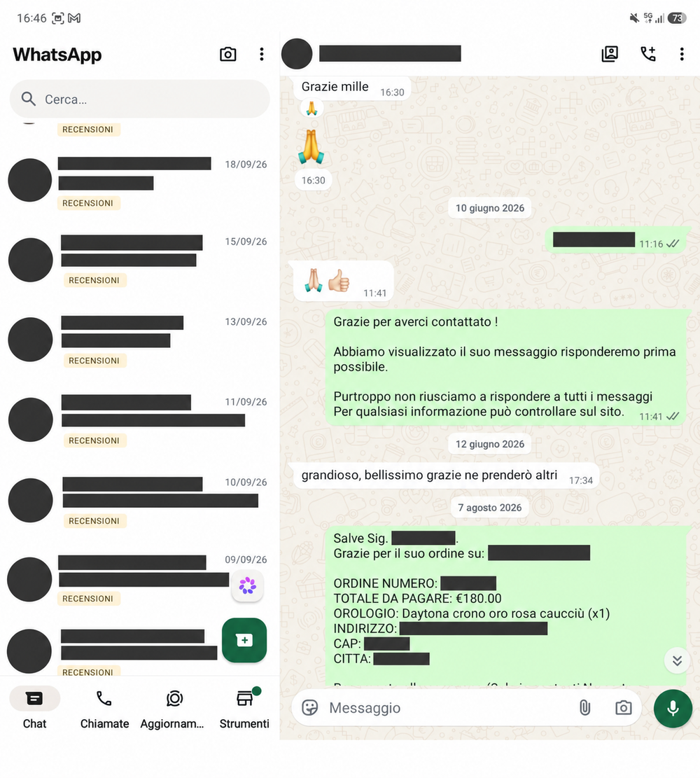 Recensione WhatsApp 14, con dati personali oscurati