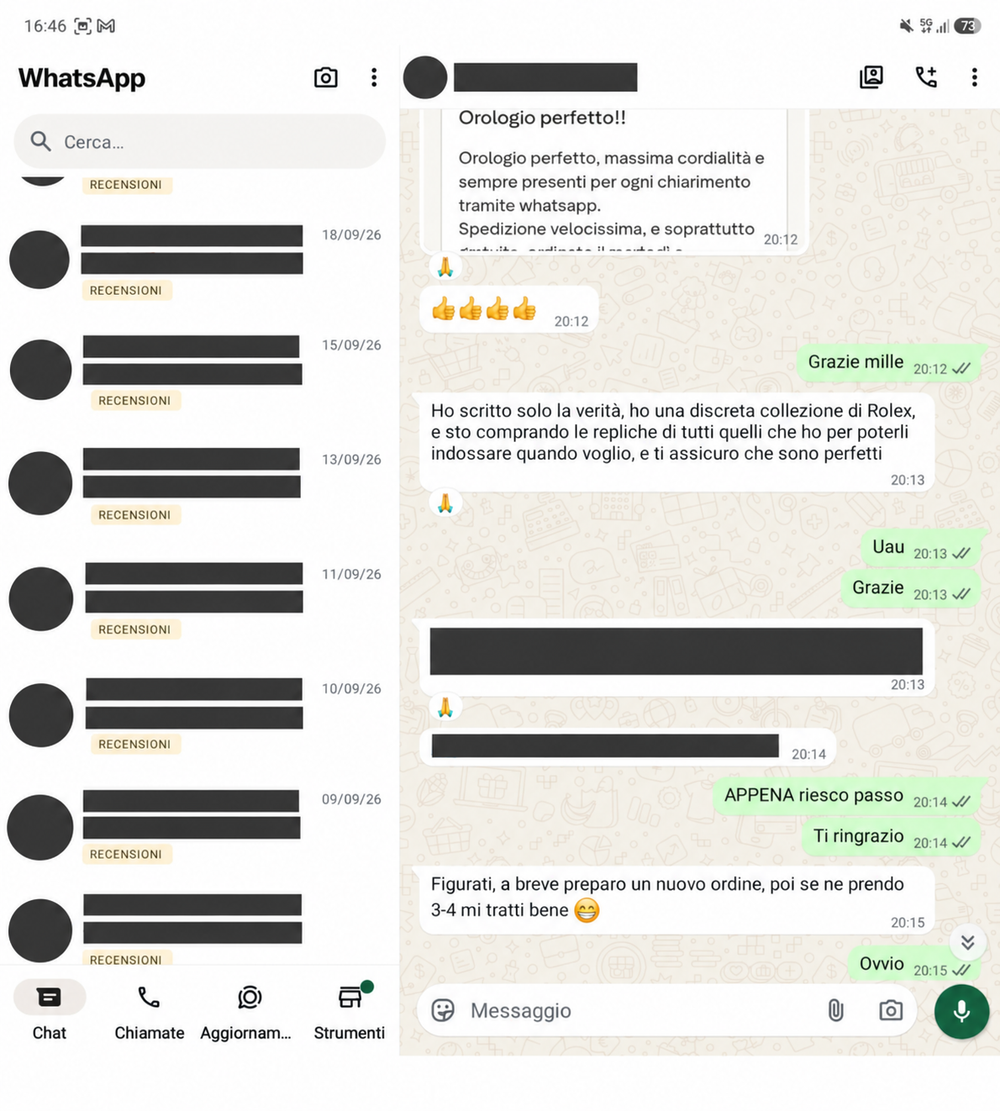 Recensione WhatsApp 15, con dati personali oscurati