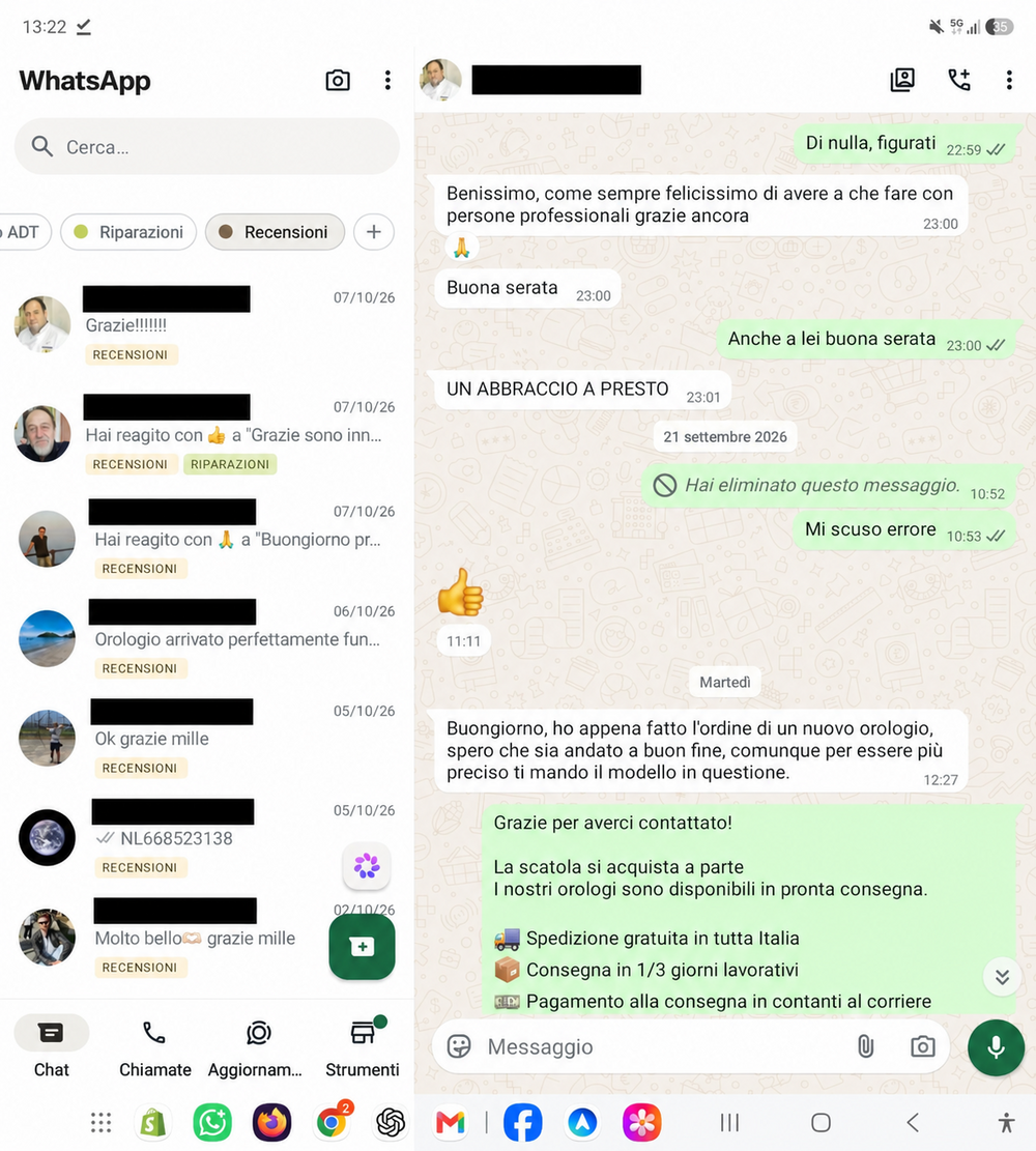 Screenshot di una conversazione WhatsApp con Tre Lancette, recensione 2