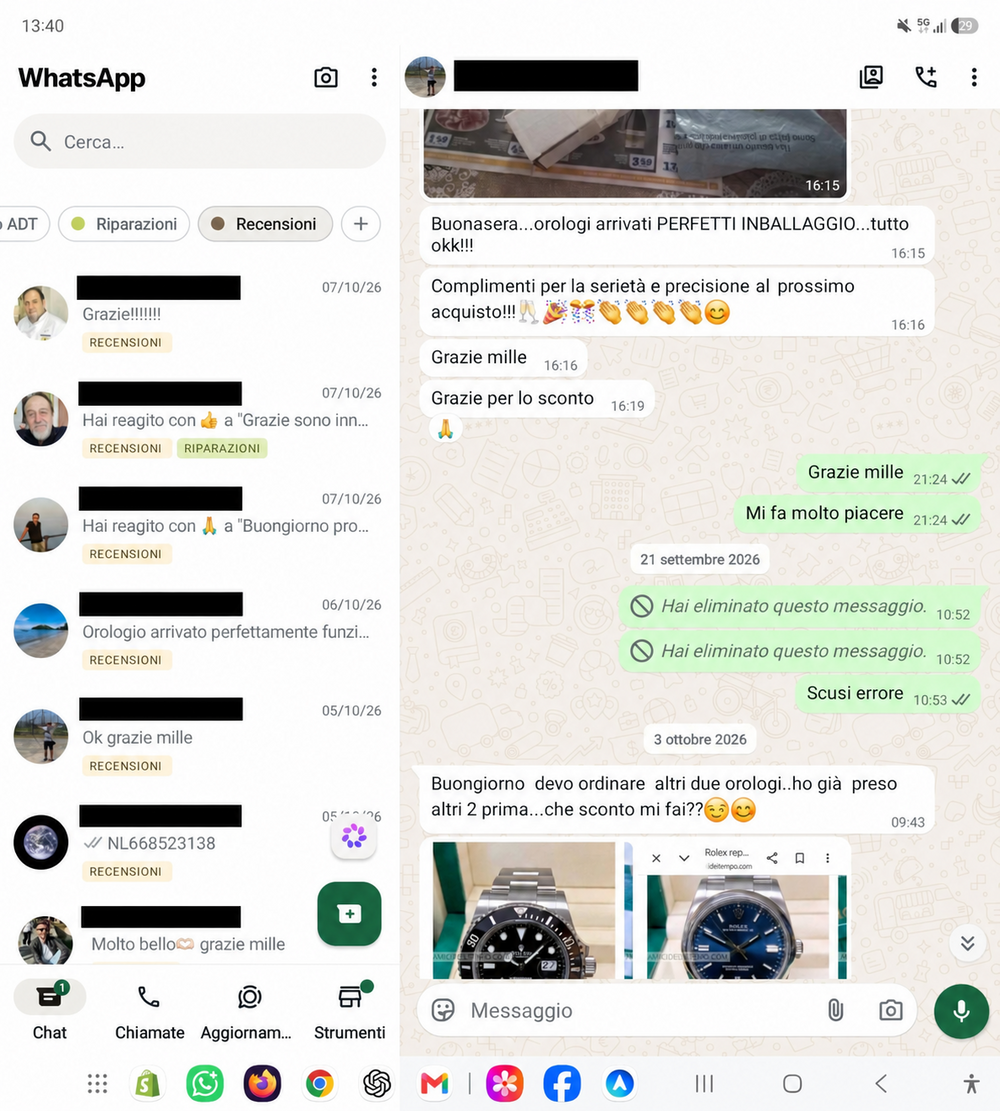 Screenshot di una conversazione WhatsApp con Tre Lancette, recensione 3